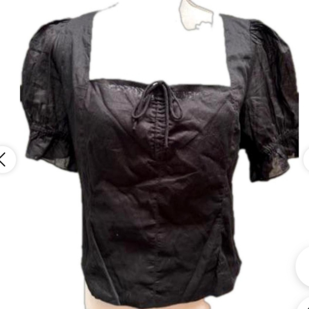 Black Tie Front Puffed Sleeve Blouse